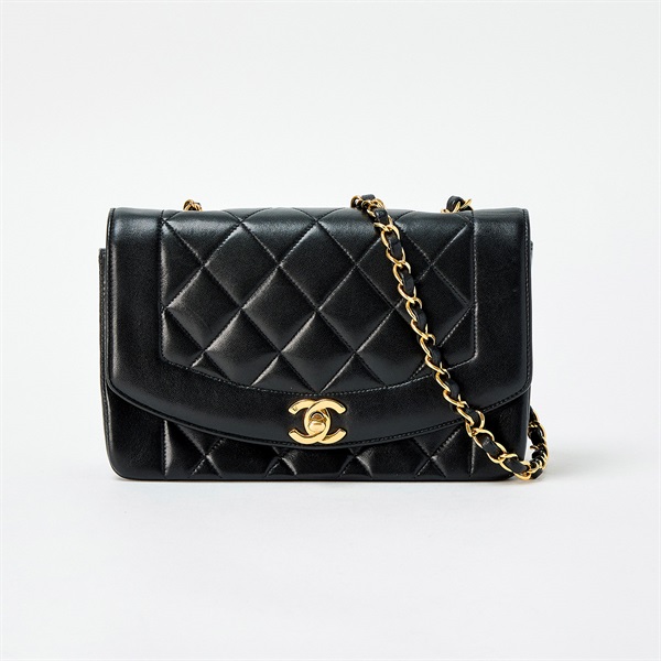 CHANEL マトラッセ ダイアナ シングルフラップ シングルチェーン 22cm ショルダーバッグ ブラック ゴールド ラムスキン