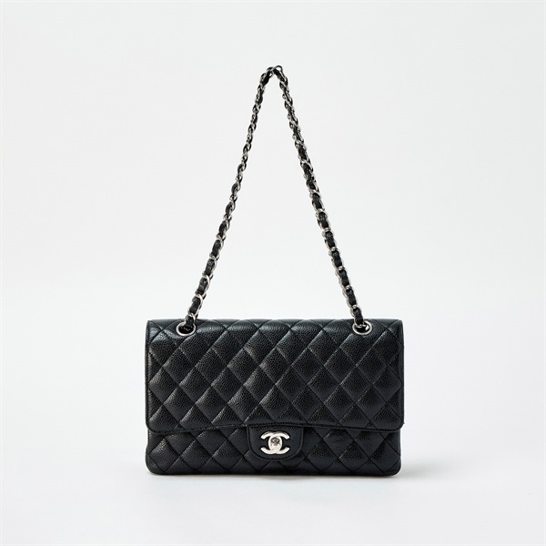 CHANEL マトラッセ ダブルフラップ ダブルチェーン 25cm ショルダーバッグ ブラック シルバー キャビアスキン