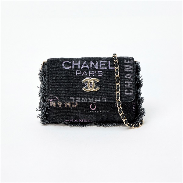 CHANEL ミニマトラッセ マルチロゴ ショルダーバッグ ブラック ゴールド デニム レザー