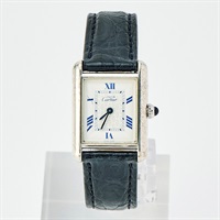 Cartier マストタンク 2416 クオーツ 腕時計 22MM ホワイト文字盤 ブラック 925 レザー