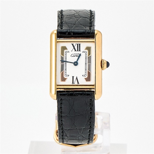 Cartier マスト タンク W1006354 クオーツ 腕時計 SM シルバー文字盤 ゴールド ブラック 925 レザー SS