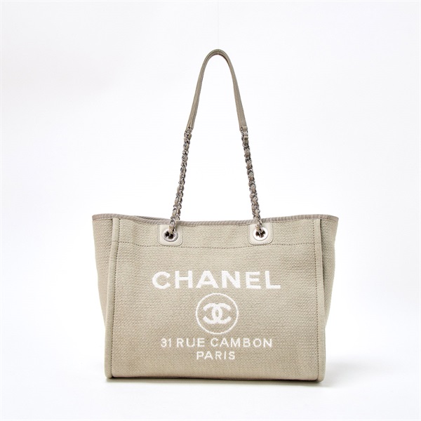 CHANEL ドーヴィル MM トートバッグ カーキ シルバー キャンバス