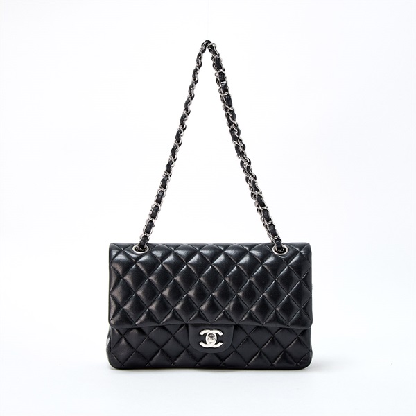 CHANEL マトラッセ 25 ダブルフラップダブルチェーン ショルダーバッグ ブラック シルバー ラムスキン