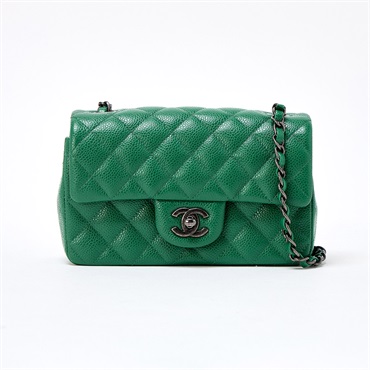 CHANEL ミニ マトラッセ 20 シングルフラップシングルチェーン 2015年頃 ショルダーバッグ グリーン シルバー キャビアスキン