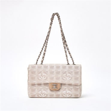 CHANEL シングルフラップシングルチェーン ニュートラベルライン 2000年頃 ショルダーバッグ ベージュ シルバー ナイロンジャガード