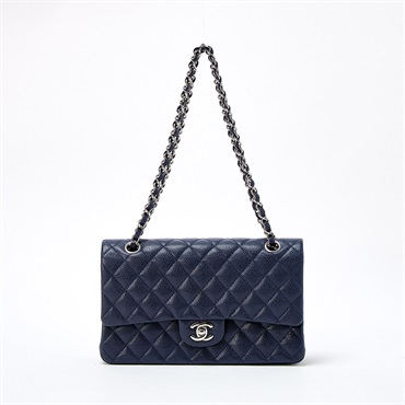 CHANEL マトラッセ 25 ダブルフラップダブルチェーン 2014年頃 ショルダーバッグ ネイビー シルバー キャビアスキン