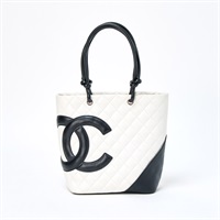 CHANEL カンボン ミディアムトート 2004年 ハンドバッグ ホワイト ブラック シルバー ラムスキン