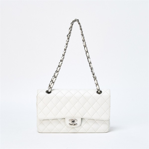 CHANEL マトラッセ ダブルフラップダブルチェーン 25 2007年 ショルダーバッグ ホワイト シルバー キャビアスキン