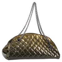 CHANEL ココマーク ショルダーバッグ カーキグリーン マットシルバー パテント
