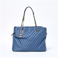 CHANEL Vステッチ 2012年 トートバッグ ブルー シャンパンゴールド レザー