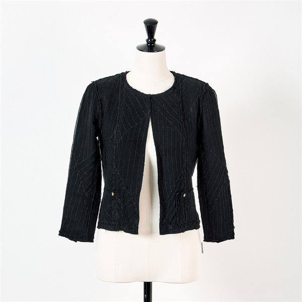 CHANEL ノーカラージャケット 34 ブラック シルク ナイロン