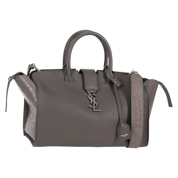 SAINT LAURENT カバス ダウンタウン ハンドバッグ グレー シルバー カーフスキン