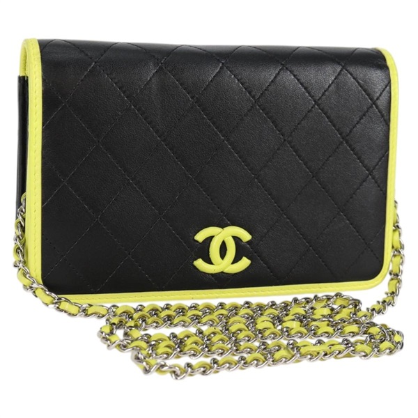 CHANEL マトラッセ チェーンウォレット ショルダーバッグ ブラック ライムイエロー シルバー カーフレザー
