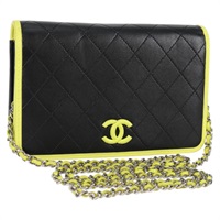 CHANEL マトラッセ チェーンウォレット ショルダーバッグ ブラック ライムイエロー シルバー カーフレザー