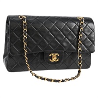 CHANEL マトラッセ ダブルフラップダブルチェーン 25 1990年 ショルダーバッグ ブラック ゴールド ラムスキン