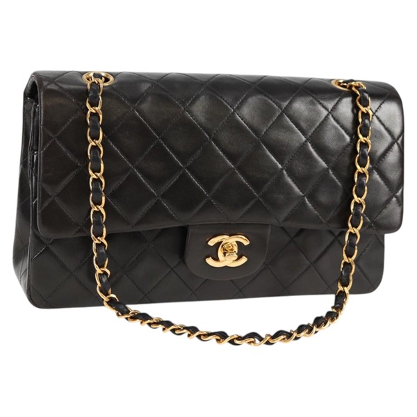 CHANEL マトラッセ ダブルフラップダブルチェーン 25 1996年 ショルダーバッグ ブラック ゴールド ラムスキン