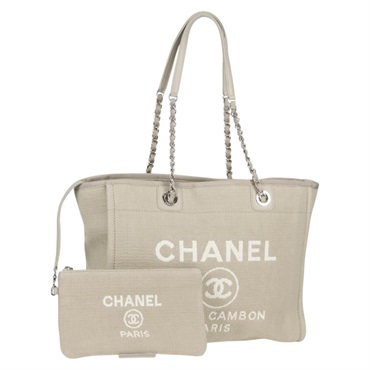 CHANEL ドーヴィル トートバッグ ベージュ シルバー キャンバス