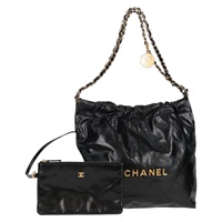 CHANEL シャネル22 スモール トートバッグ ブラック ゴールド カーフスキン