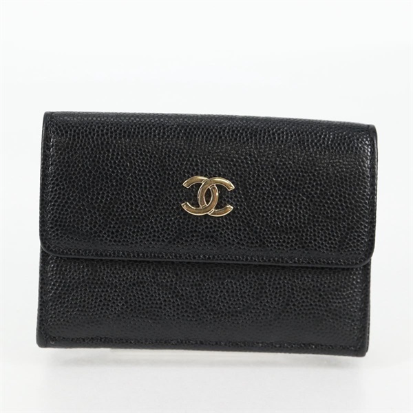 CHANEL カメリア 2021年 コンパクトウォレット ブラック ゴールド キャビアスキン
