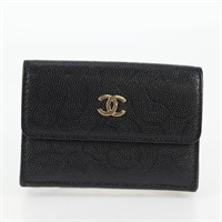 CHANEL カメリア 2021年 コンパクトウォレット ブラック ゴールド キャビアスキン