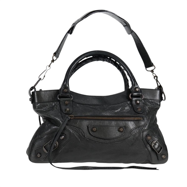 BALENCIAGA ファースト ハンドバッグ ブラック マットシルバー レザー