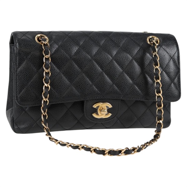 CHANEL マトラッセ ダブルフラップダブルチェーン 25 2012年 ショルダーバッグ ブラック ゴールド キャビアスキン