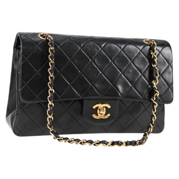 CHANEL マトラッセ ダブルフラップダブルチェーン 25 ショルダーバッグ ブラック ゴールド ラムスキン