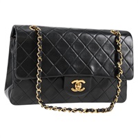 CHANEL マトラッセ ダブルフラップダブルチェーン 25 ショルダーバッグ ブラック ゴールド ラムスキン