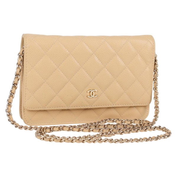 CHANEL マトラッセ マトラッセ チェーンウォレット ショルダーバッグ ベージュ ゴールド キャビアスキン