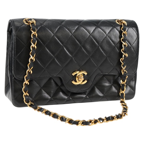 CHANEL マトラッセ ダブルフラップダブルチェーン 23 ショルダーバッグ ブラック ゴールド ラムスキン