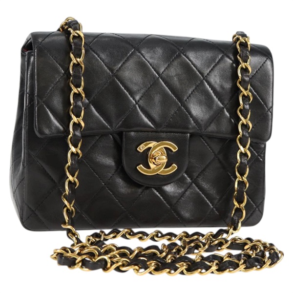 CHANEL ミニ マトラッセ シングルフラップシングルチェーン 18 ショルダーバッグ ブラック ゴールド ラムスキン