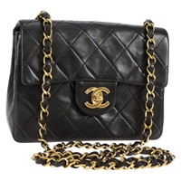 CHANEL ミニ マトラッセ シングルフラップシングルチェーン 18 ショルダーバッグ ブラック ゴールド ラムスキン