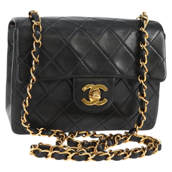CHANEL ミニ マトラッセ シングルフラップシングルチェーン 18 ショルダーバッグ ブラック ゴールド ラムスキン