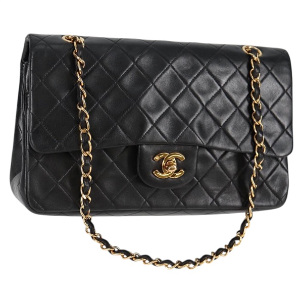 CHANEL マトラッセ ダブルフラップダブルチェーン ショルダーバッグ ブラック ゴールド ラムスキン