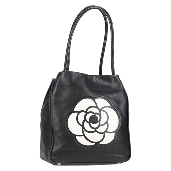 CHANEL カメリア トートバッグ ブラック ホワイト マットゴールド ラムスキン