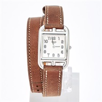 HERMES ケープコッド ドゥブルトゥール CC1.210 クオーツ 腕時計 シルバー文字盤 シルバー ブラウン SS レザー