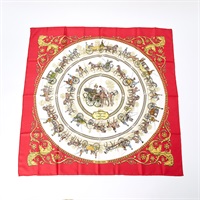 【原宿店限定】HERMES カレ 90 LA PROMENADE DE LONGCHAMPS / ロンシャンへの散歩 スカーフ レッド シルク