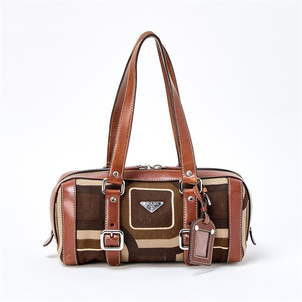 【原宿店限定】PRADA トライアングル ショルダーバッグ ブラウン シルバー キャンバス レザー