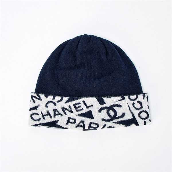 【原宿店限定】CHANEL ココマーク ニットキャップ ネイビー ホワイト カシミヤ コットン