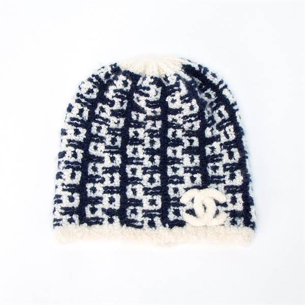 【原宿店限定】CHANEL ココマーク ニットキャップ 18B ネイビー ホワイト カシミヤ シルク