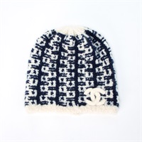 【原宿店限定】CHANEL ココマーク ニットキャップ 18B ネイビー ホワイト カシミヤ シルク