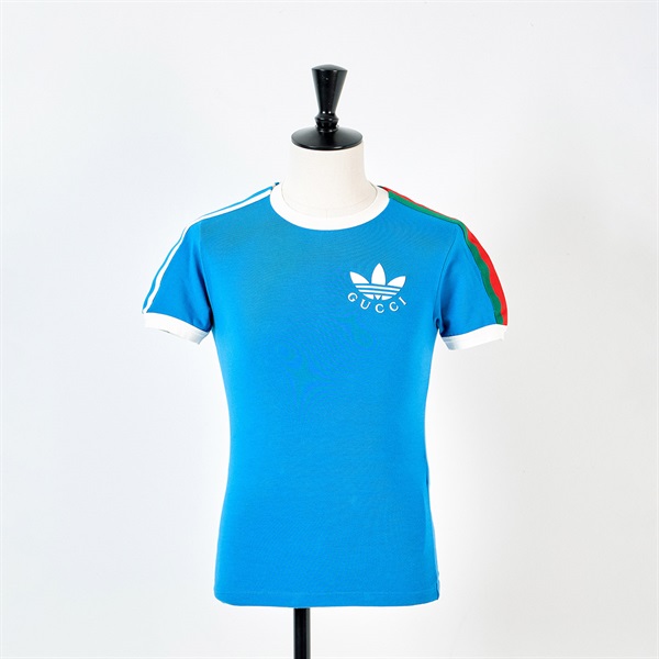 【原宿店限定】GUCCI×adidas Tシャツ XS 691637 XJEKL ブルー ホワイト コットン ポリウレタン