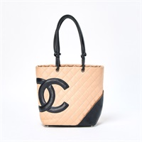 CHANEL カンボン ミディアムトート ハンドバッグ ベージュ シルバー ラムスキン