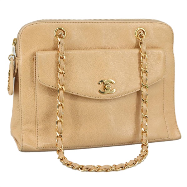 【原宿店限定】シャネル CHANEL ショルダーバッグ チェーン キャビアスキン ベージュ ゴールド レディース PP063V