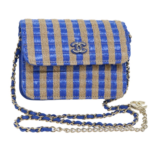 【原宿店限定】シャネル CHANEL ショルダーバッグ チェーン ラフィア ブルー ベージュ レディース 51139AV