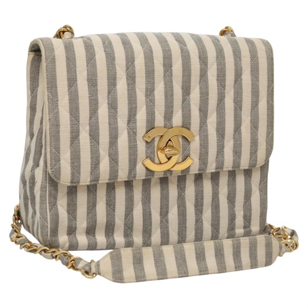 【原宿店限定】シャネル CHANEL ショルダーバッグ ストライプ マトラッセ チェーン キャンバス ホワイト グレー レディース 110304AV
