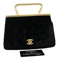 【原宿店限定】シャネル CHANEL ハンドバッグ ターンロック フラップ マトラッセ ベルベット ブラック ゴールド レディース 29565A