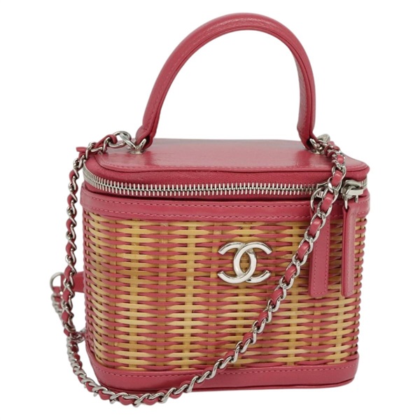 【原宿店限定】シャネル CHANEL ショルダーバッグ ウィッカー バニティ チェーン 籐  2way ベージュ ピンク レディース 114201AM