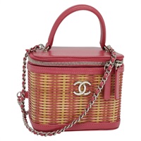 【原宿店限定】シャネル CHANEL ショルダーバッグ ウィッカー バニティ チェーン 籐  2way ベージュ ピンク レディース 114201AM