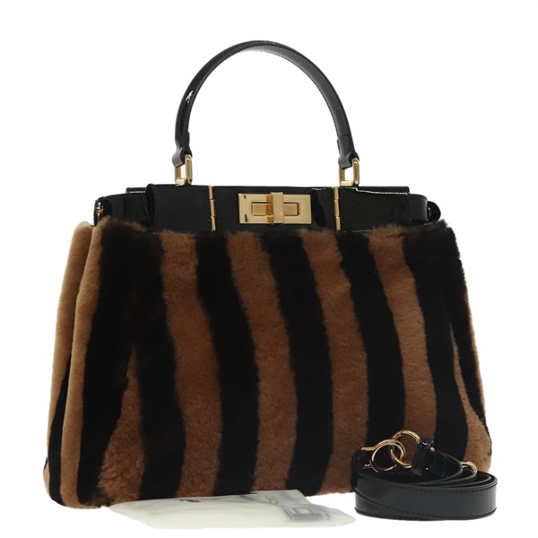 【原宿店限定】フェンディ FENDI ピーカブー レギュラー ハンドバッグ ペカンキャンバス ムートン 2way ブラック ブラウン レディース 101314SV